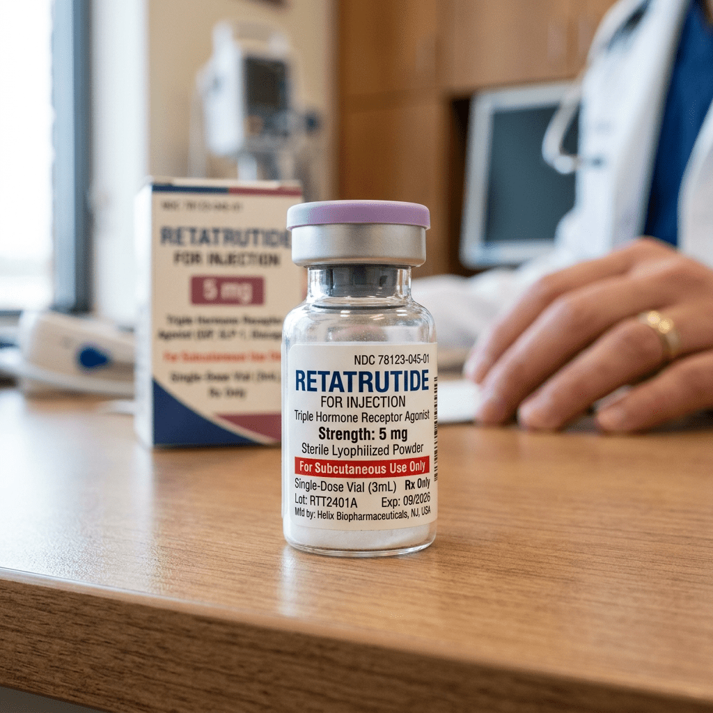 Retatrutide vial with medical label